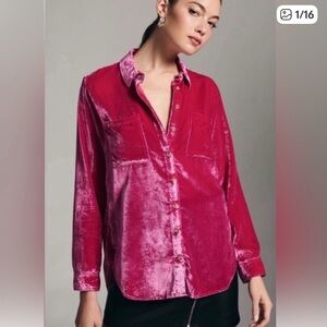 Pilcro Anthropologie The Hadley Velvet Button Down Shirt in Vibrant Pink size 4